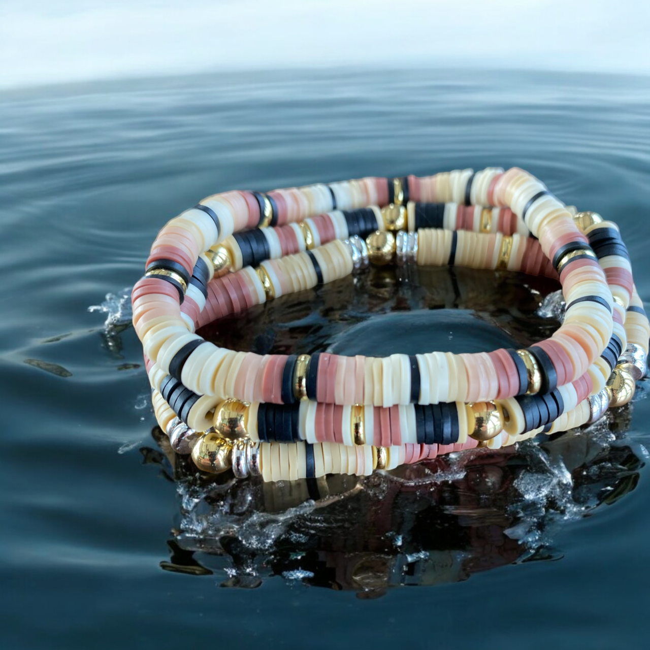 3 Piece Set Neutral Beaded Bracelets, with 14K Gold Plated Beads.