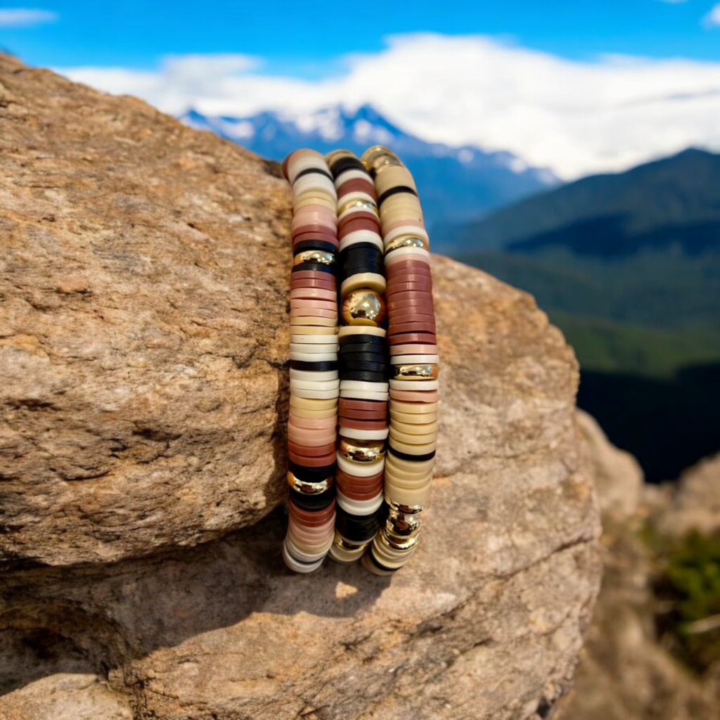 3 Piece Set Neutral Beaded Bracelets, with 14K Gold Plated Beads.