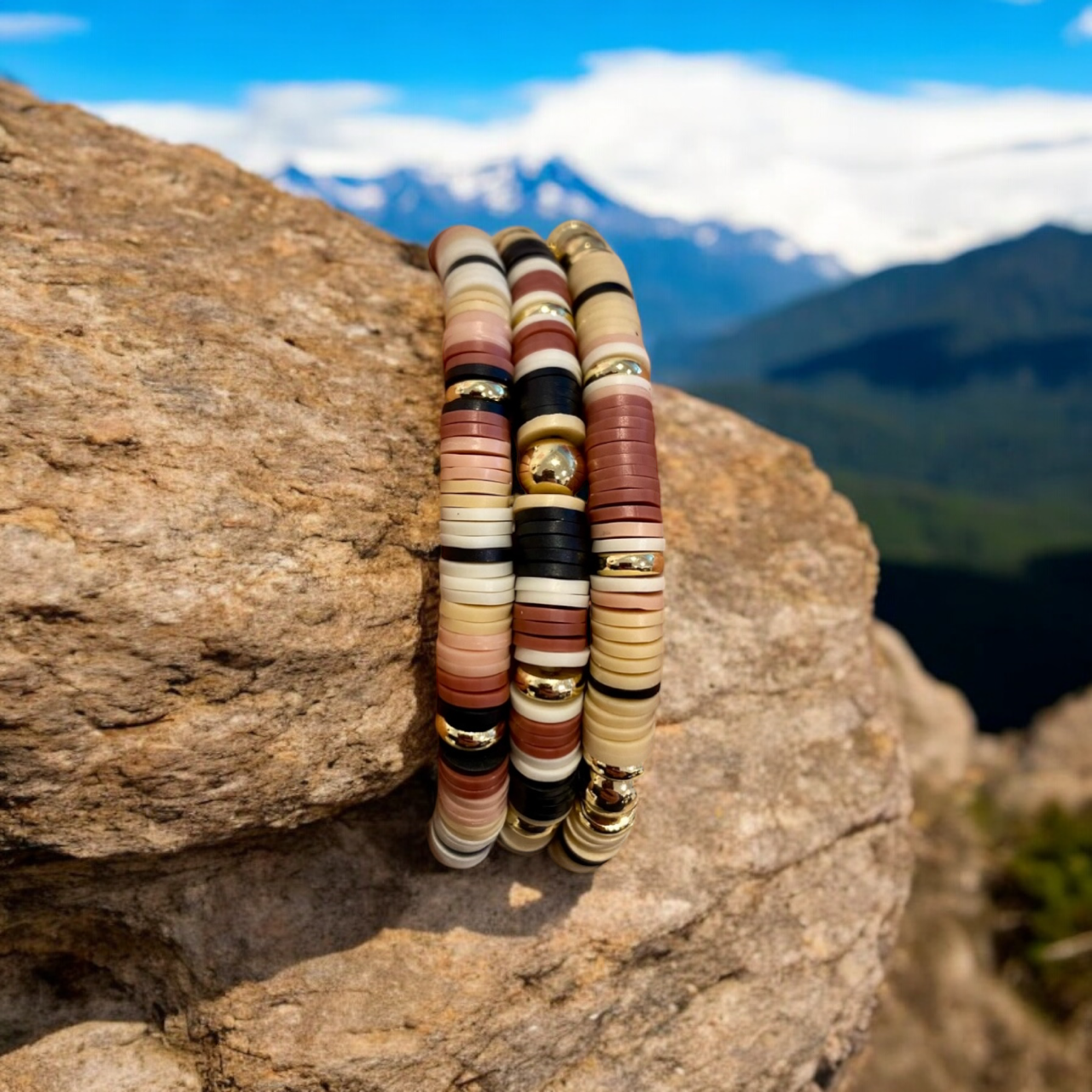 3 Piece Set Neutral Beaded Bracelets, with 14K Gold Plated Beads.