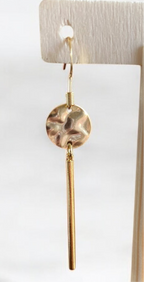 Gold hammered disc with dangle bar.
