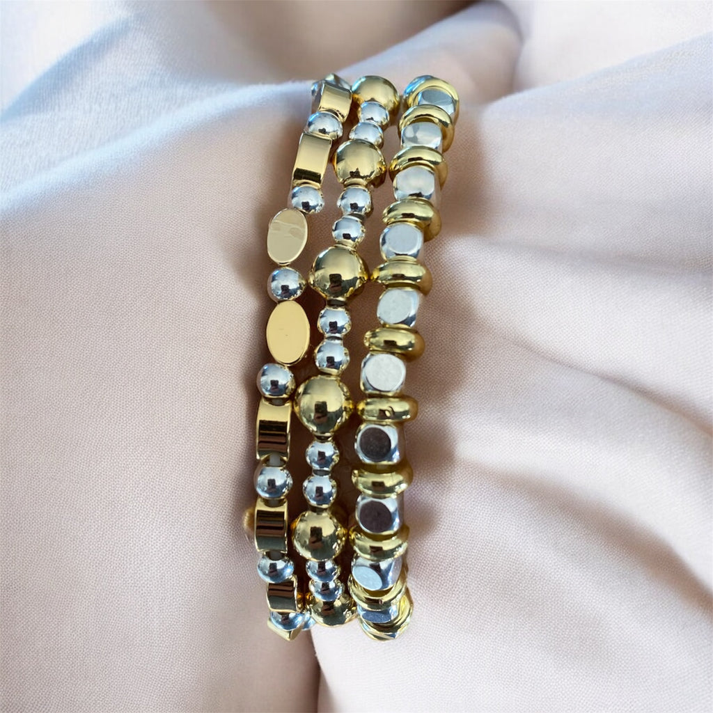 3 Piece Beaded Bracelet Set, Mixed Metal, 14k Gold Plated & Sterling Silver Plated Beads.