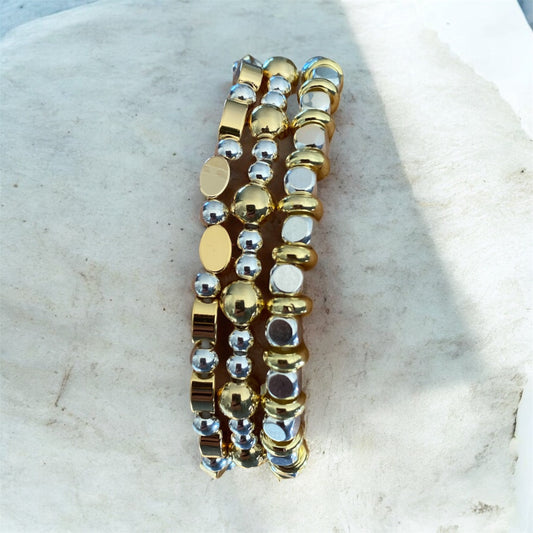 3 Piece Beaded Bracelet Set, Mixed Metal, 14k Gold Plated & Sterling Silver Plated Beads.
