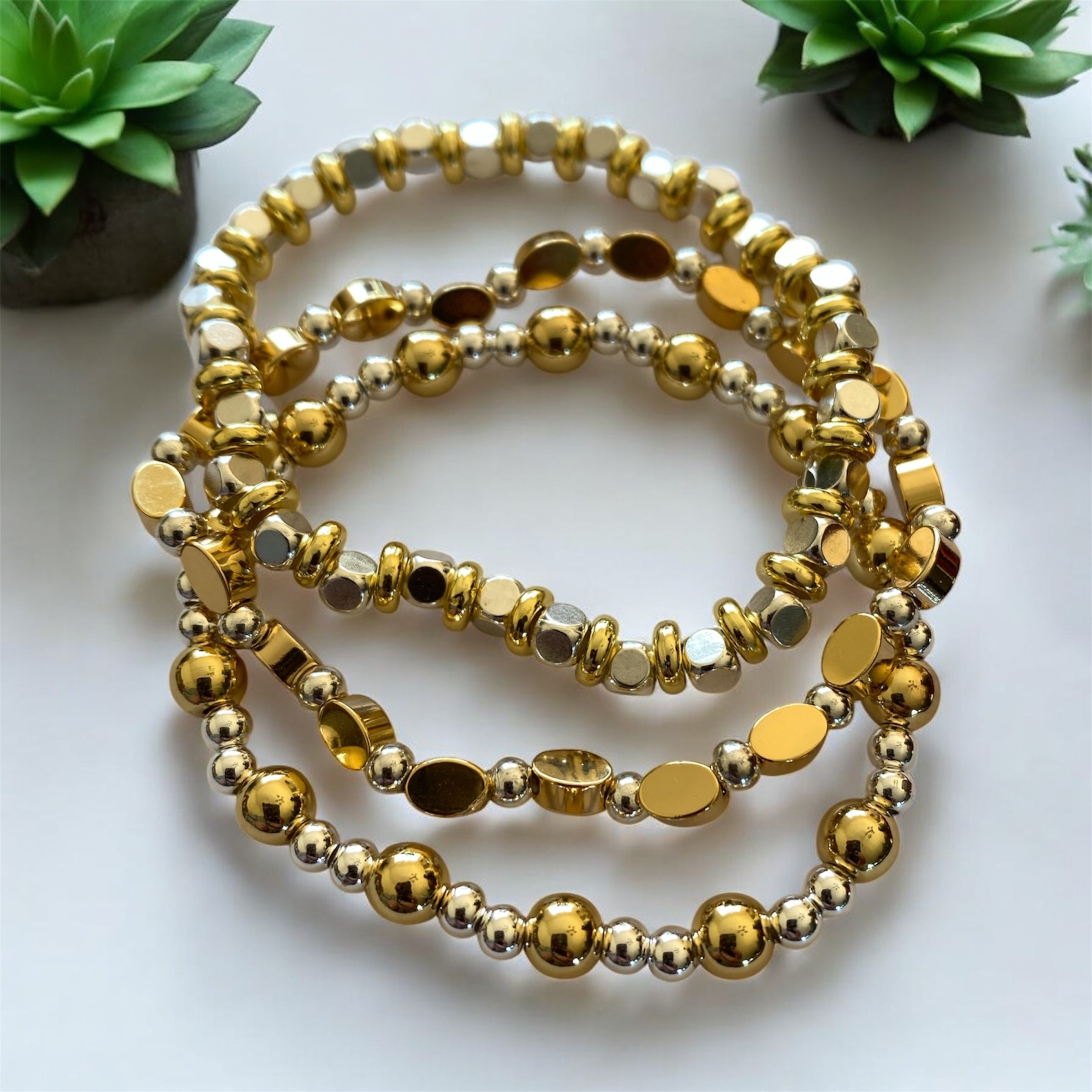 3 Piece Beaded Bracelet Set, Mixed Metal, 14k Gold Plated & Sterling Silver Plated Beads.