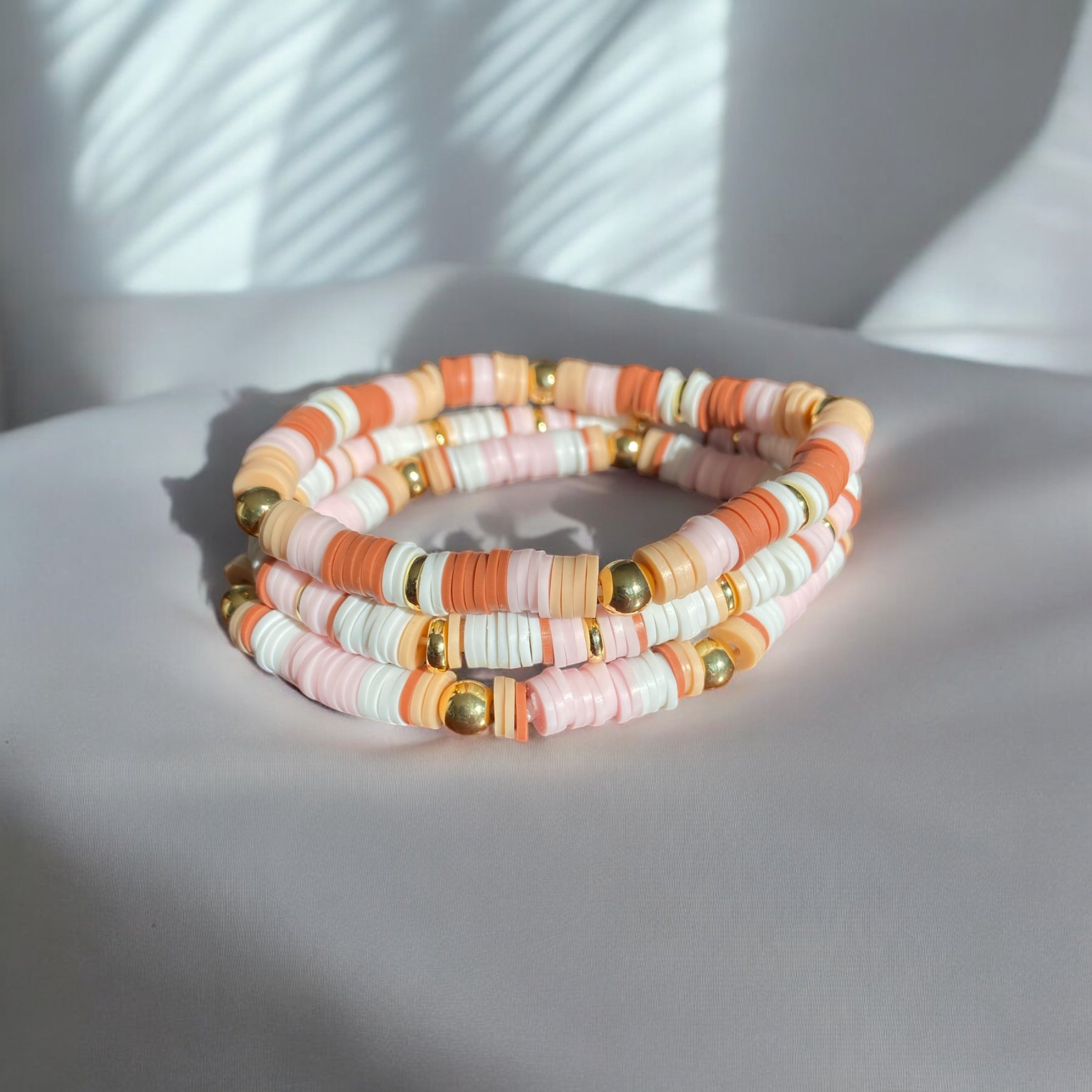 3 Piece Set Pink Beaded Bracelets, with 14K Gold Plated Beads.