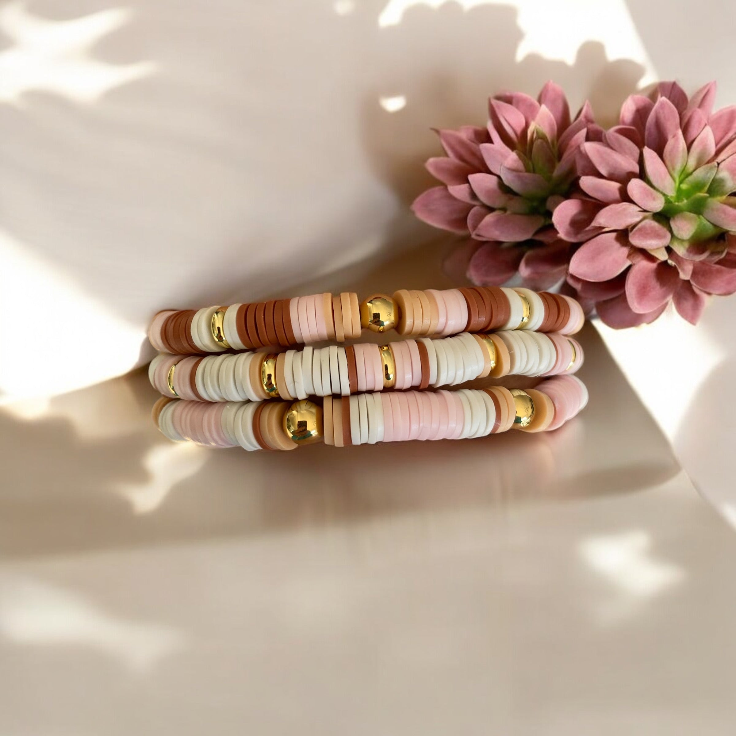 3 Piece Set Pink Beaded Bracelets, with 14K Gold Plated Beads.