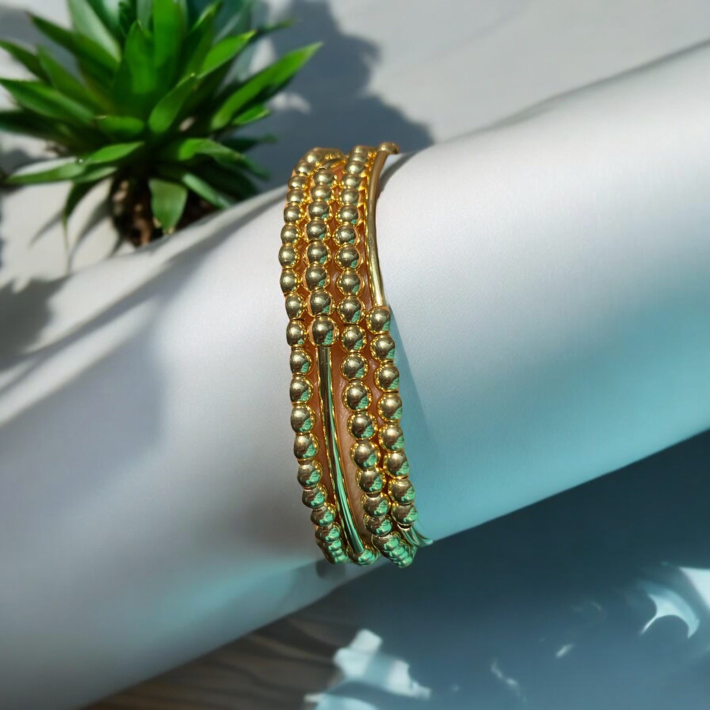 4 Piece Beaded Bracelet Set, 14k Gold Plated Beads.