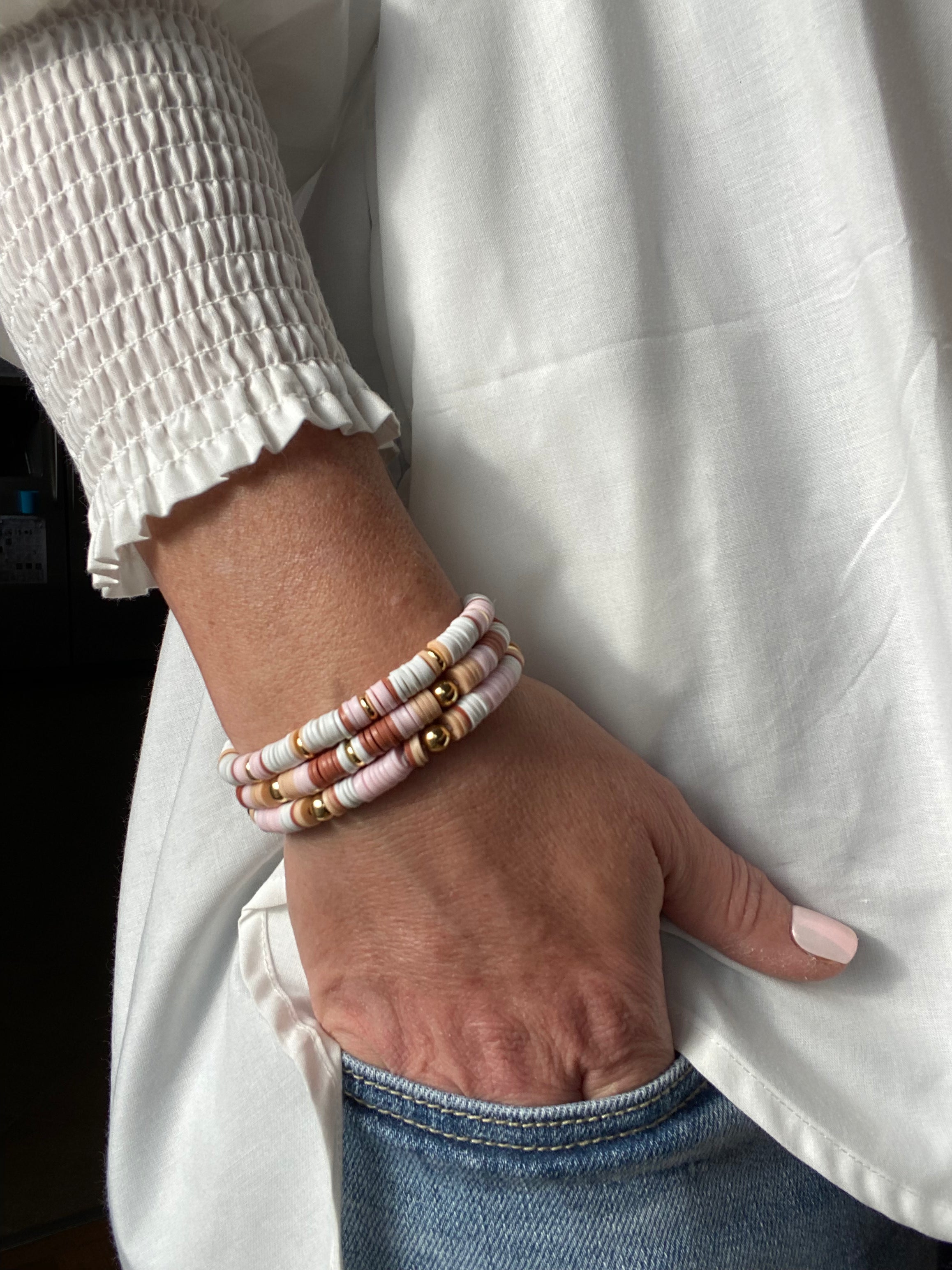 3 Piece Set Pink Beaded Bracelets, with 14K Gold Plated Beads.