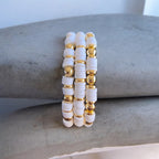 3 Piece Set White Beaded Bracelets, with 14K Gold Plated Beads.