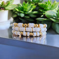 3 Piece Set White Beaded Bracelets, with 14K Gold Plated Beads.