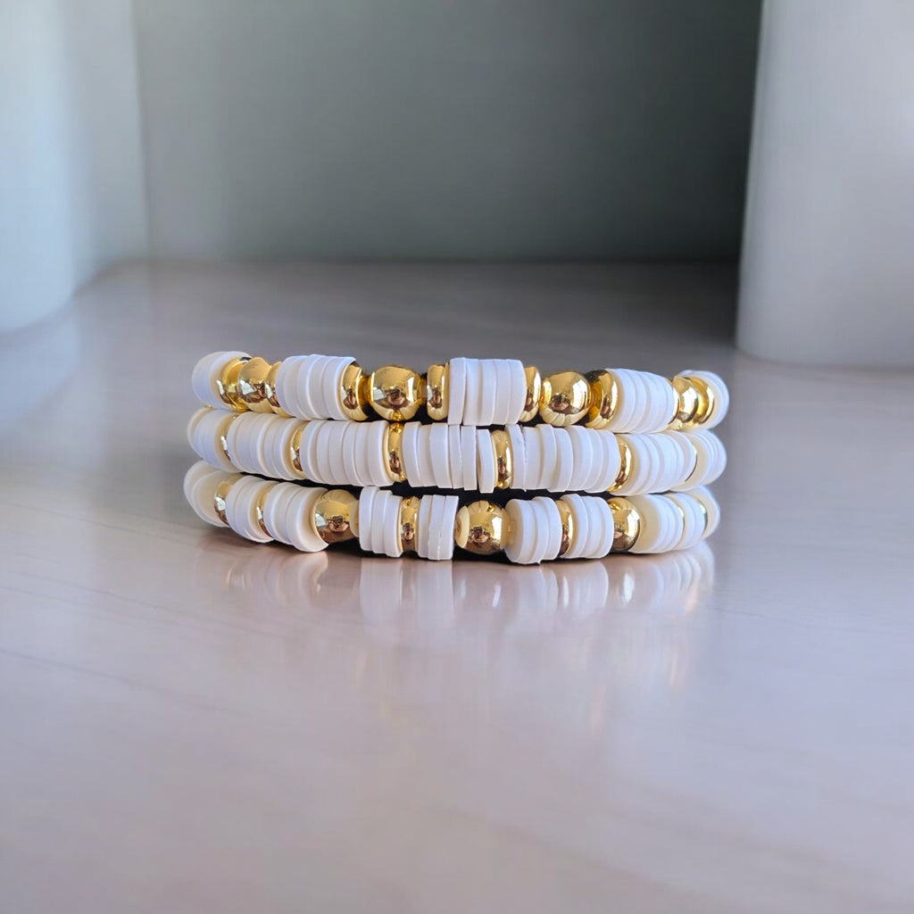 3 Piece Set White Beaded Bracelets, with 14K Gold Plated Beads.