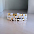 3 Piece Set White Beaded Bracelets, with 14K Gold Plated Beads.