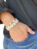 3 Piece Set White Beaded Bracelets, with 14K Gold Plated Beads.