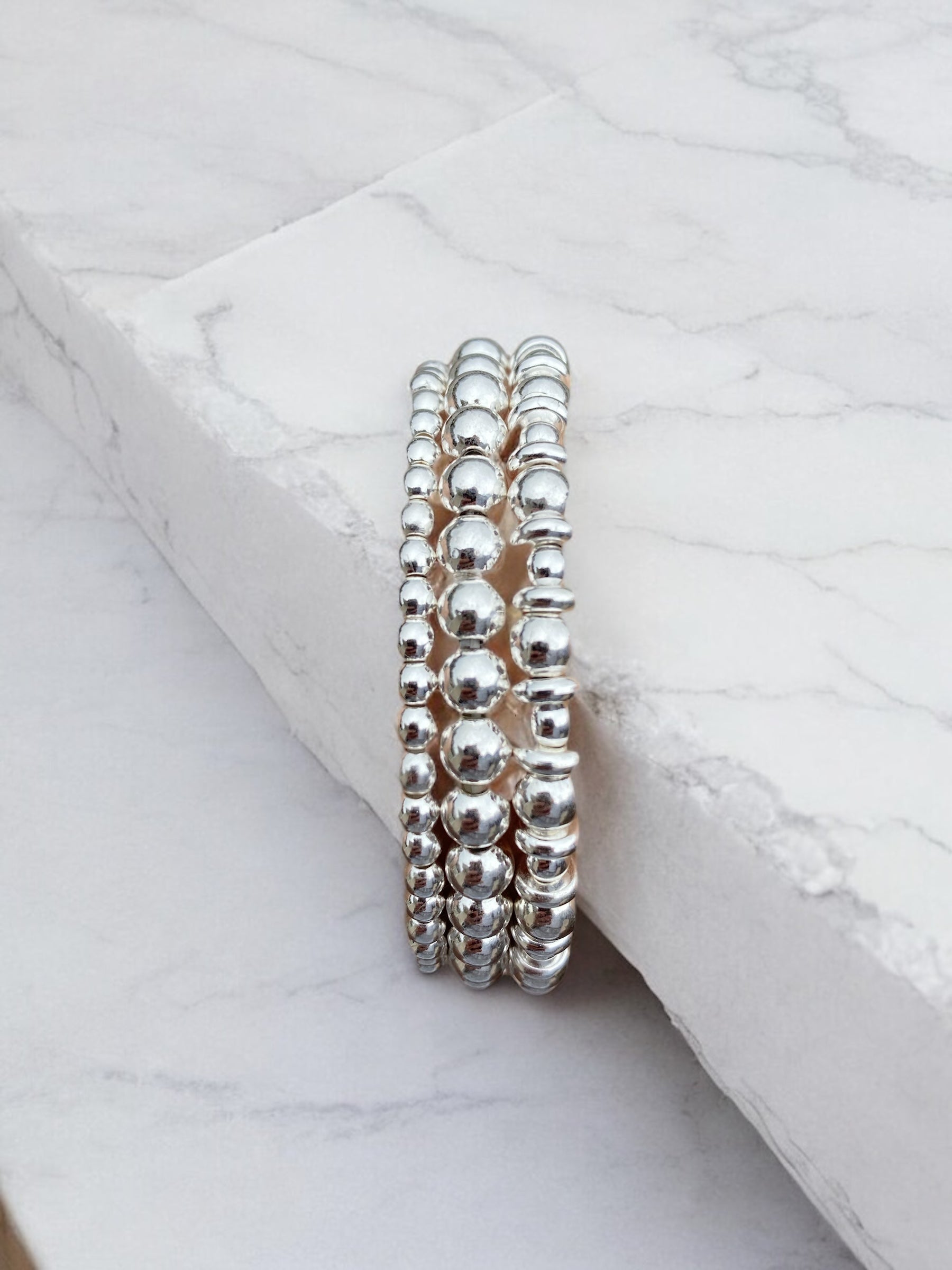 3 Piece Beaded Bracelet Set, Sterling Silver Plated.