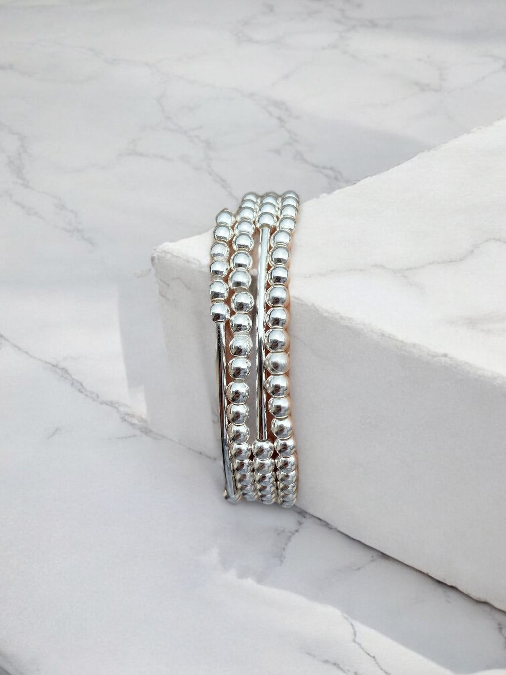 4 Piece Beaded Bracelet Set, Sterling Silver Plated Beads.