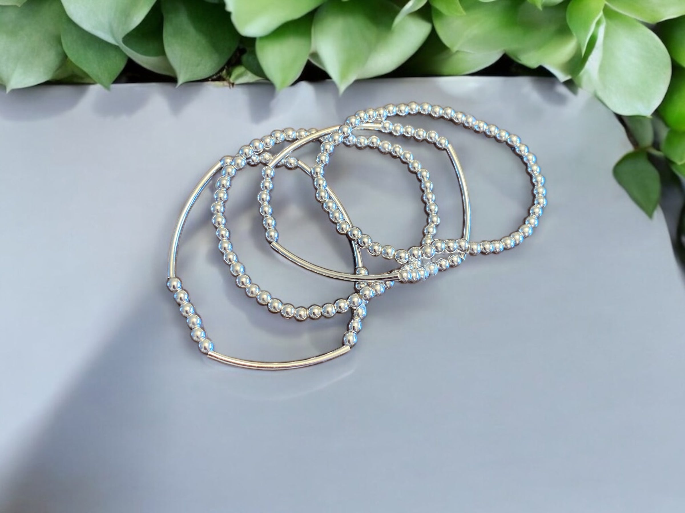 4 Piece Beaded Bracelet Set, Sterling Silver Plated Beads.