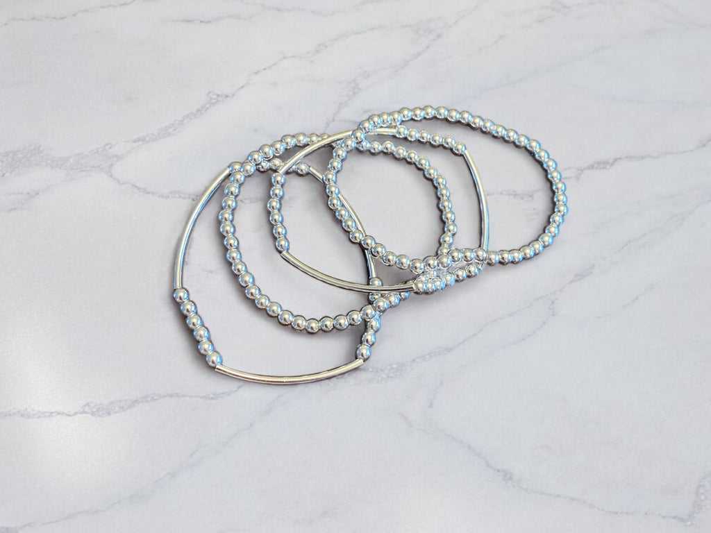 4 Piece Beaded Bracelet Set, Sterling Silver Plated Beads.