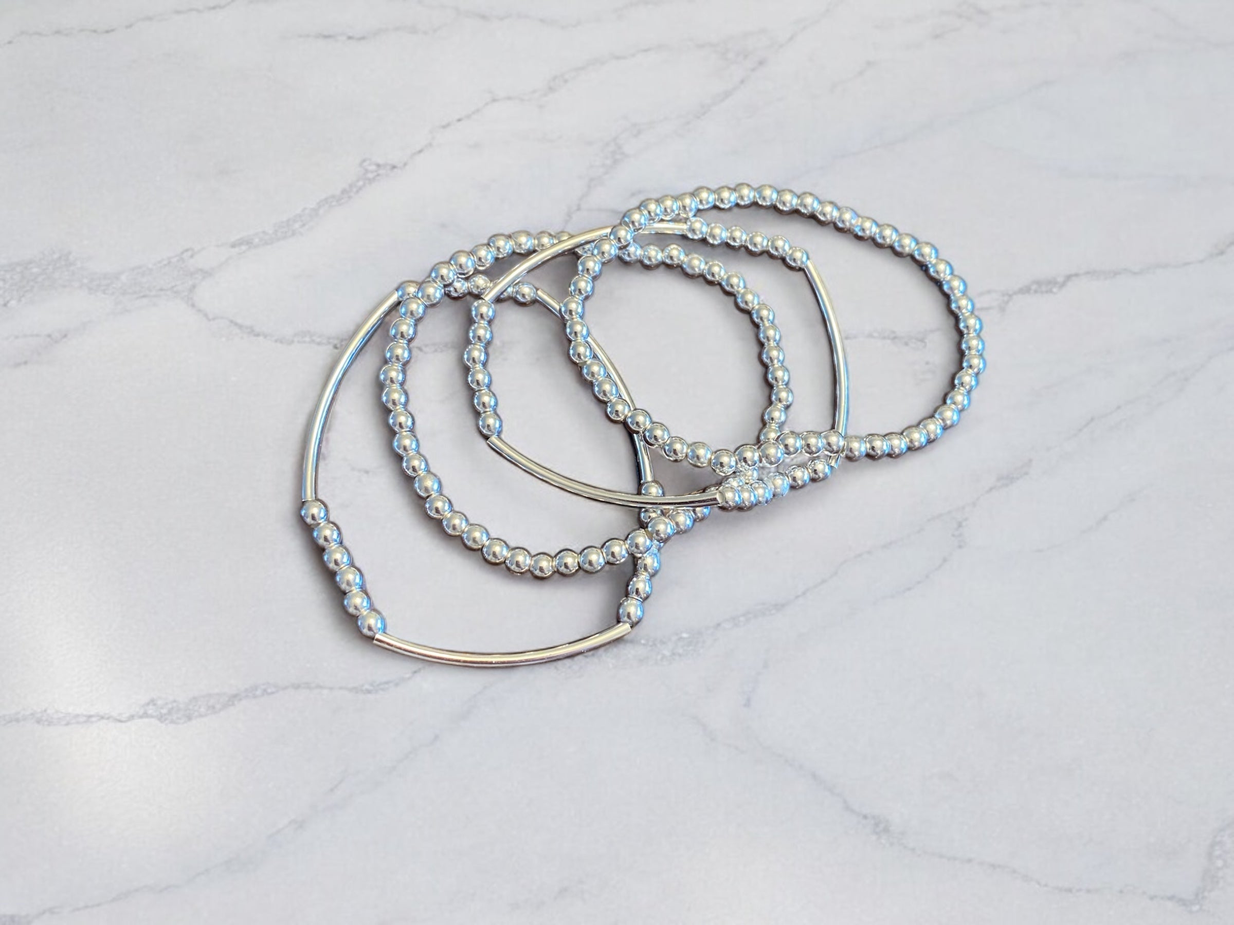 4 Piece Beaded Bracelet Set, Sterling Silver Plated Beads.