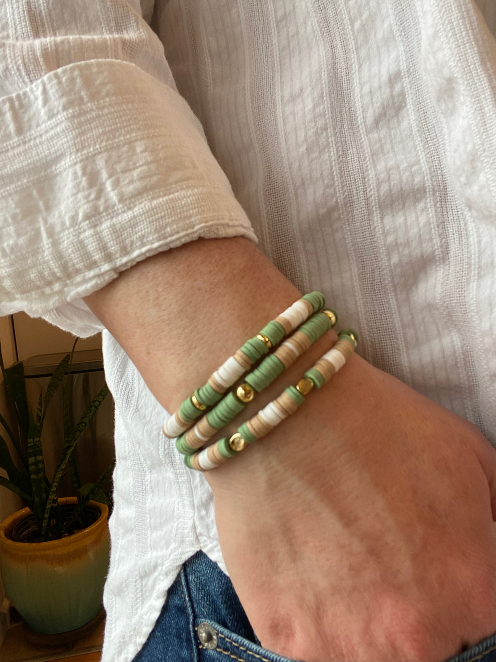 3 Piece Set Sage Beaded Bracelets
