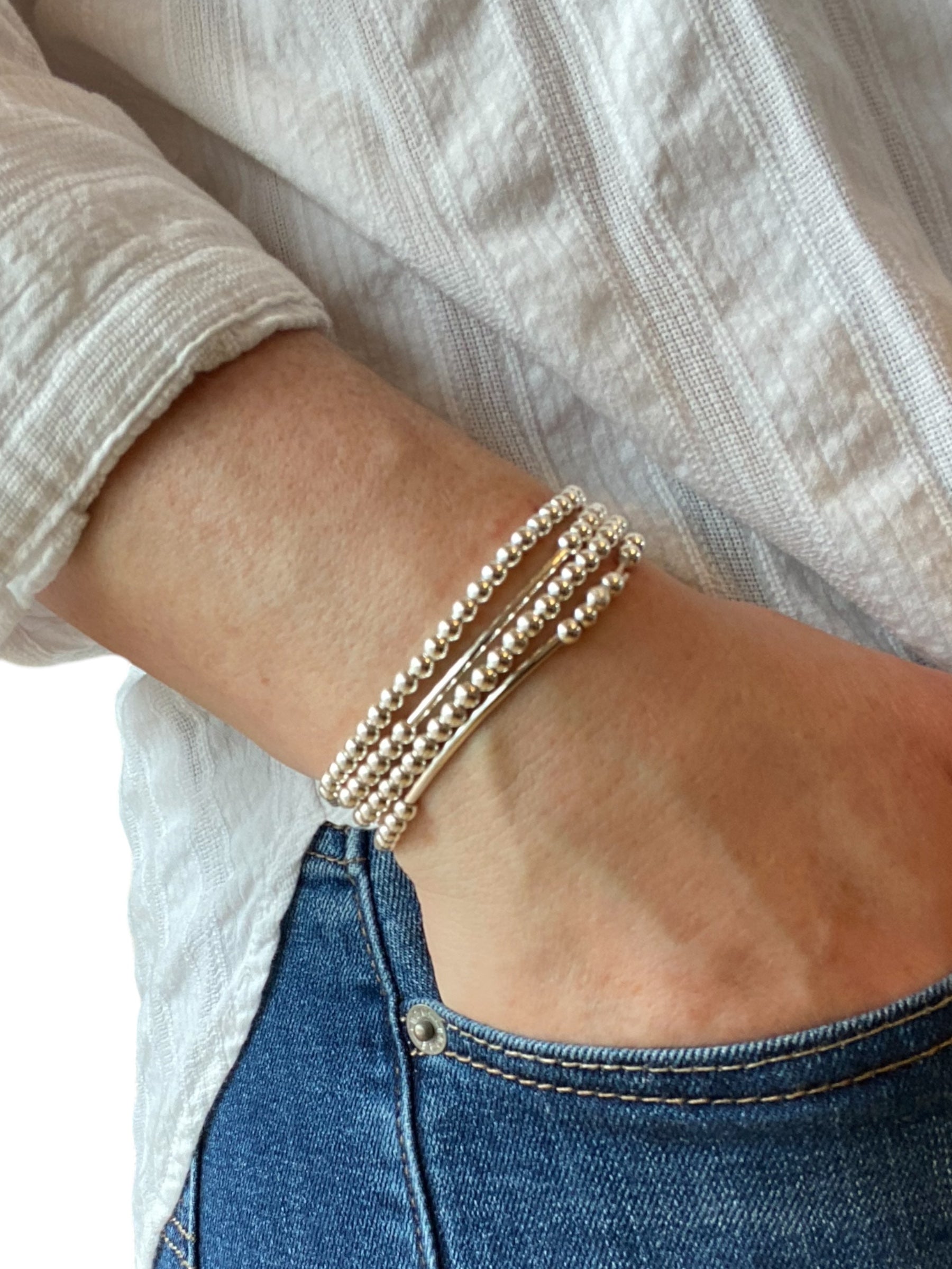 4 Piece Beaded Bracelet Set, Sterling Silver Plated Beads.